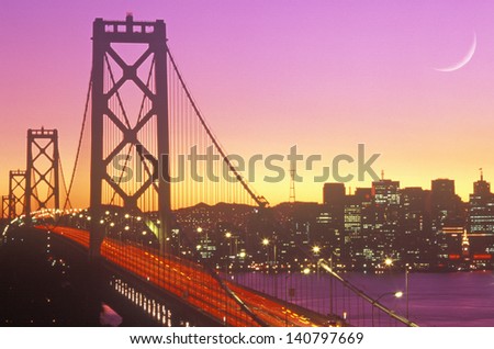 Sunset over the Bay Bridge to San Francisco from Treasure Island, California