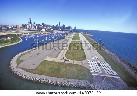 Flying over Meigs Airport Landing Strip, Chicago, Illinois