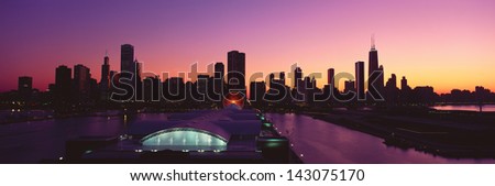 Navy Pier and Chicago skyline at sunset, Chicago, IL
