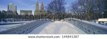 Bridge over frozen pond in Central Park, Manhattan, NY on upper west side near Central Park West