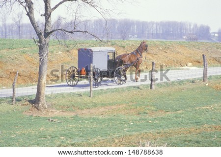AMISH FARMING COMMUNITY, PA - CIRCA 1980\'s: A horse and carriage in an Amish farming community