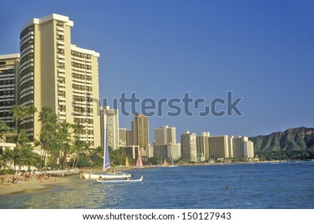 HONOLULU, HAWAII - CIRCA 1990'S: Waikiki Beach, Honolulu, Hawaii