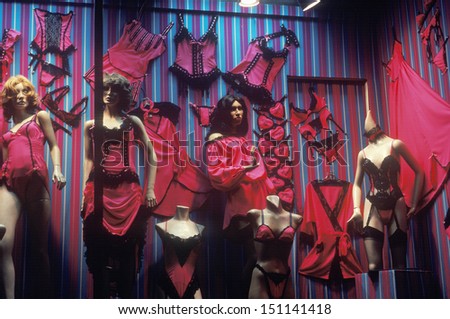 LOS ANGELES, CALIFORNIA - CIRCA 1980\'s: Women\'s lingerie in a storefront window, Melrose Blvd, Los Angeles, CA