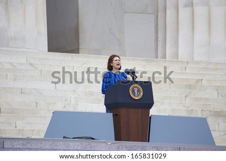 Lynda Johnson Robb, daughter of President Lydon B. Johnson, speaks Let Freedom Ring ceremony at the Lincoln Memorial August 28, 2013 in Washington, DC the 50th anniversary Martin Luther King\'s speech.