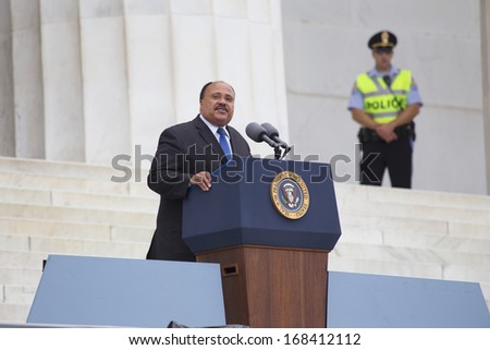Martin Luther King III addresses the Let Freedom Ring, the 50th anniversary of the March on Washington on the footsteps of the Lincoln Memorial in Washington, DC on August 28, 2013.