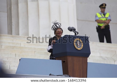 Christine King Farris sister of Martin Luther King speaks at the Lincoln Memorial August 28, 2013 in Washington, DC, commemorating the 50th anniversary of Dr. Martin Luther King Jr.\'s speech.