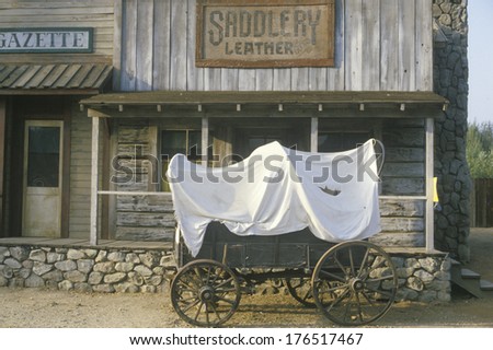 Covered wagon in front of Saddlery store in Paramount Ranch, Los Angeles, CA