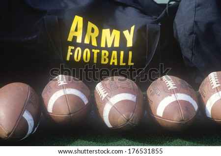 Close-up of row of footballs and Army Football logo, Michie Stadium, NY