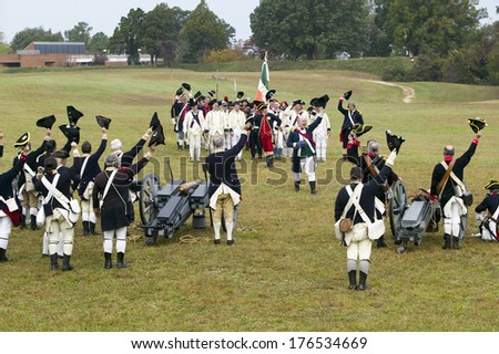 Re-enactment of Revolutionary War Encampment demonstrates camp life as part of the 225th Anniversary of the Siege of Yorktown, Virginia, 1781, ending the American Revolution.