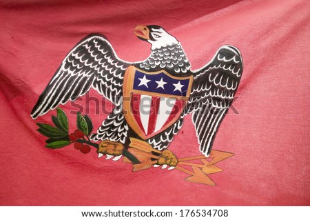 Early American patriotic flag with Eagle at the 225th Anniversary of the Siege of Yorktown, Virginia, 1781, ending the American Revolution