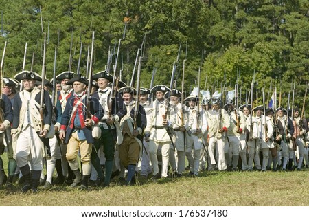 Continentals on the march at the 225th anniversary of the Victory of Yorktown, a reenactment of the defeat of the British Army and the end of the American Revolution, Yorktown, Virginia.