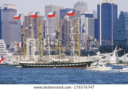 Tall ships sailing down the Hudson River during the 100 year celebration for the Statue of Liberty, July 4, 1986