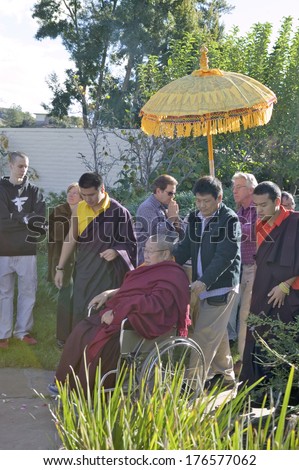 Procession from HH Penor Rinpoche\'s overnight residence to Shrine Room honoring his presence at Meditation Mount in Ojai, CA