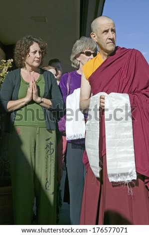 Devotees stand with Buddhist monk at Amitabha Empowerment Buddhist Ceremony, Meditation Mount in Ojai, CA