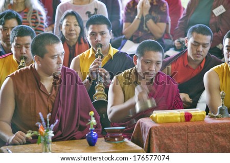 Tibetan Monks with horns and cymbals at Amitabha Empowerment Buddhist Ceremony, Meditation Mount in Ojai, CA