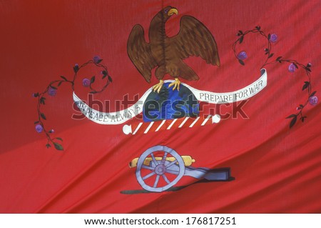 Historical Reenactment, Daniel Boone Homestead, Brigade of American Revolution, Continental Army Infantry, detail of Artillery flag