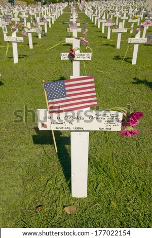 Mock grave markers of US soldiers who died in Iraq war at Arlington West, Santa Barbara, CA