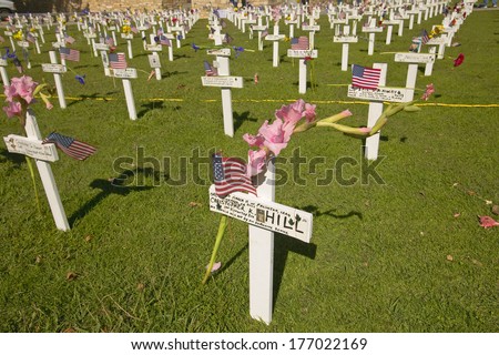 Mock grave markers of US soldiers who died in Iraq war at Arlington West, Santa Barbara, CA