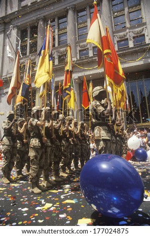 Soldiers Marching with Flags, Ticker Tape Parade, New York City, New York
