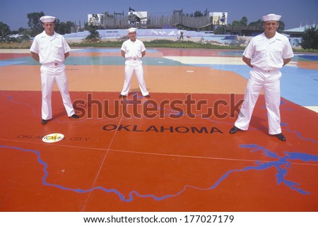 Three American Sailors Standing on Map of the United States,Sea World, San Diego, California