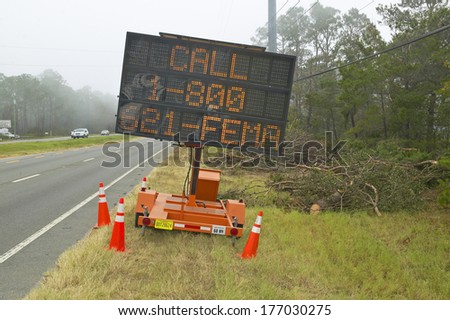 Hurricane Ivan Emergency road sign in Pensacola Florida advertising help from FEMA, the Federal Emergency Management Agency