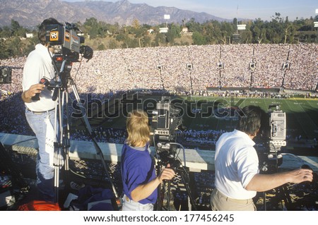 Television camera crews filming the Rose Bowl Game, Pasadena, CA