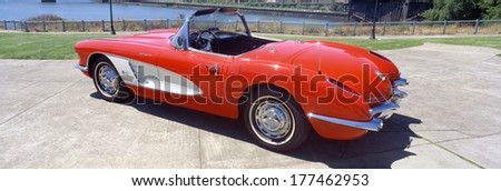 Restored red 1959 Corvette, side view, Portland, Oregon