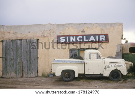 Abandoned gas station and antique pickup truck, NM