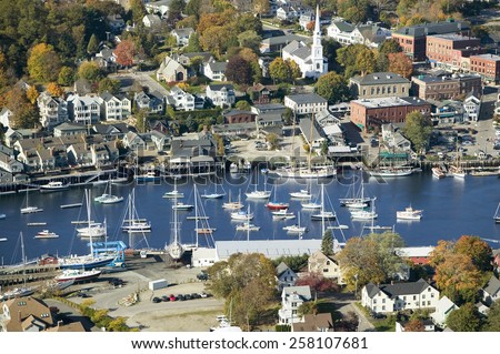 Aerial view of Bar Harbor in autumn, Maine