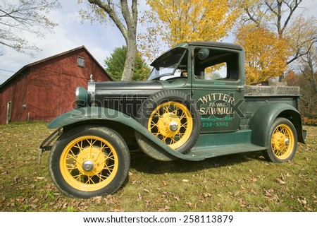 Antique pickup truck in autumn in Worthington, western Massachusetts, New England