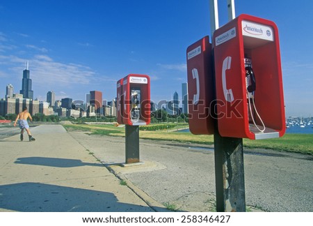 Pay Telephones and Chicago Skyline, Chicago, Illinois