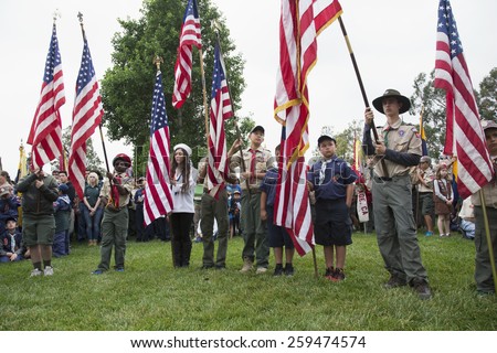 Boyscouts display US Flag at solemn 2014 Memorial Day Event, Los Angeles National Cemetery, California, USA, 05.24.2014
