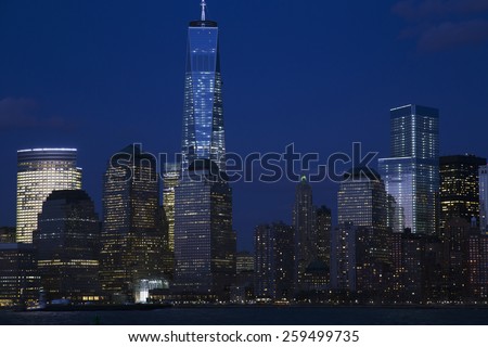 View of New York City Skyline at dusk featuring One World Trade Center (1WTC), Freedom Tower, New York City, New York, USA, 03.20.2014