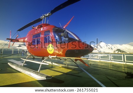 Helicopter on landing pad of cruise ship Marco Polo, Antarctica