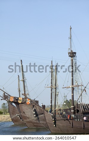 Full size replicas of Christopher Columbus\' ships, the Santa Maria, the Pinta and the NiÃ?Â±a   - the site where Columbus departed from the Old World to the New World in August 3 of 1492
