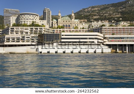 Seaside view of Monte-Carlo and skyline, the Principality of Monaco, Western Europe on the Mediterranean Sea
