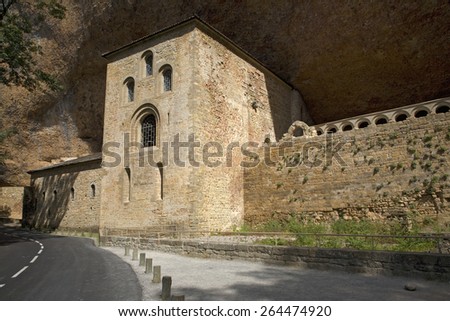The Monastery of San Juan de la Pena, Jaca, in Jaca, Huesca, Spain, carved from stone under a great cliff. the site of Last Supper 