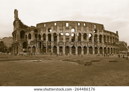 Sepia image of the Colosseum or Roman Coliseum, originally the Flavian Amphitheatre, an elliptical amphitheatre in the centre of the city of Rome, Rome, Italy, Europe