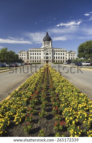 Summer flower-bed leading to South Dakota State Capitol and complex, Pierre, South Dakota, was built between 1905 and 1910