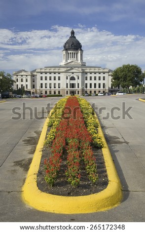 Summer flower-bed leading to South Dakota State Capitol and complex, Pierre, South Dakota, was built between 1905 and 1912