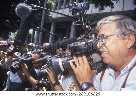 Television news crews at the O.J. Simpson trial, Los Angeles, CA