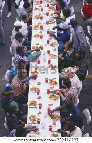 Christmas dinner at the Los Angeles Mission Homeless Shelter, CA