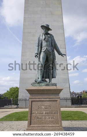 Statue of Colonel Wiliam Prescott stands at Bunker Hill Memorial. It stands 221 feet tall at Breed\'s Hill, the site of the first major battle of the American Revolution, June 17, 1775, Boston, MA