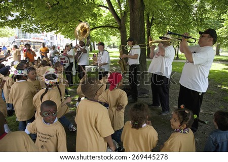 Dixieland band performs in Boston Common for inner-city Heads Start Childrens event, Boston, MA