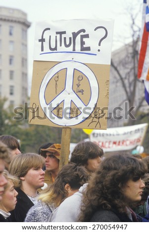 Students holding peace sign at rally, Los Angeles, California