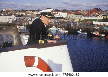 The captain of the Bluenose atop the ferry to guide it into the dock, Yarmouth, Nova Scotia