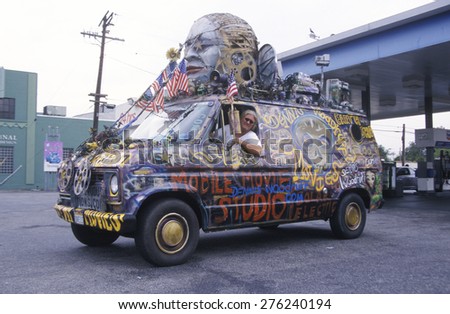 Van converted into a decorated mobile movie studio, California