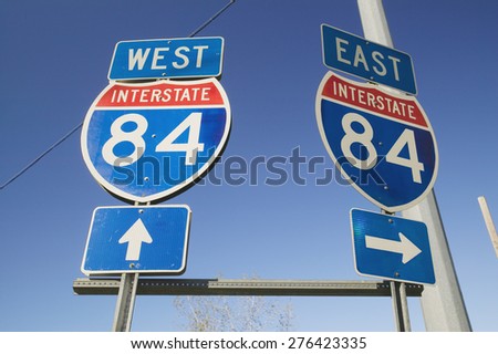 Interstate highway signs for East and West on Interstate Highway 84