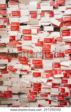 Los Angeles, California, USA, May 24, 2015, Getty Museum, red tags asking \