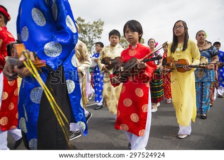 Orange County, City of Westminster, Southern California, USA, February 21, 2015, Little Saigon, Vietnamese-American Community, TET Parade celebrates Tet Lunar New Year, marching violin players